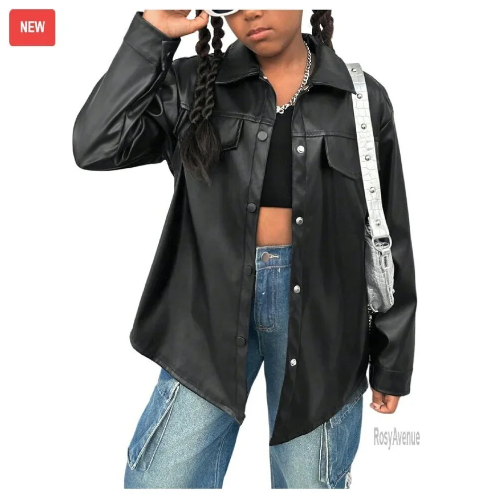 Girls Motorcycle Faux Leather Jacket Tie Belted Button Up Fall Coat